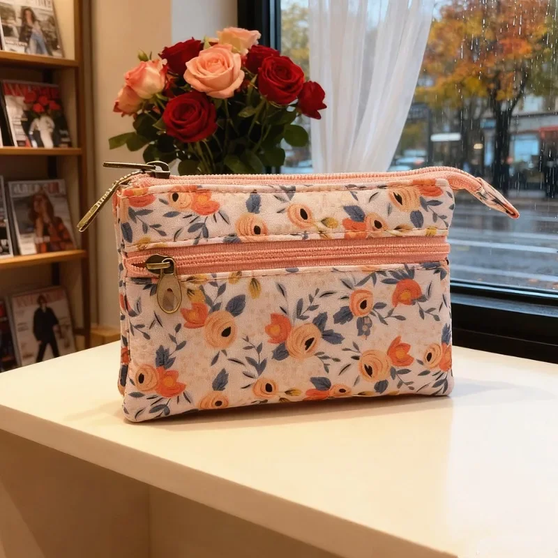 Floral Double Pull 4-layer Cotton Coin Purse Girls' Coin Silver Bag ID Bag Card Bag
