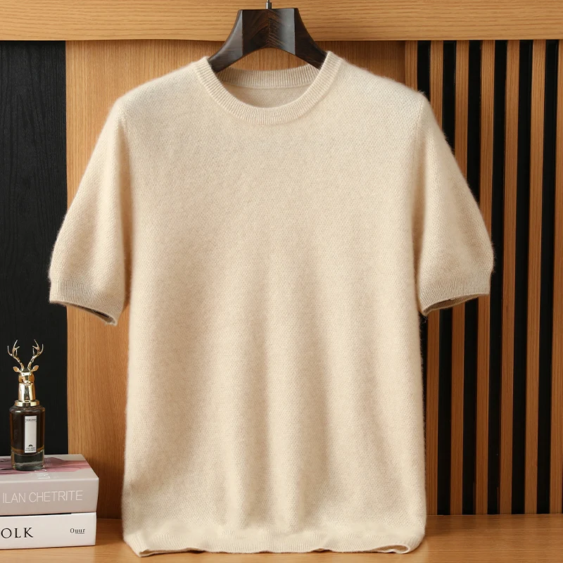 

Новинка Весна-Лето: Мужской свитер из 100% кашемира с круглым вырезом и коротким рукавом, повседневный свободный пуловер, универсальная футболка
