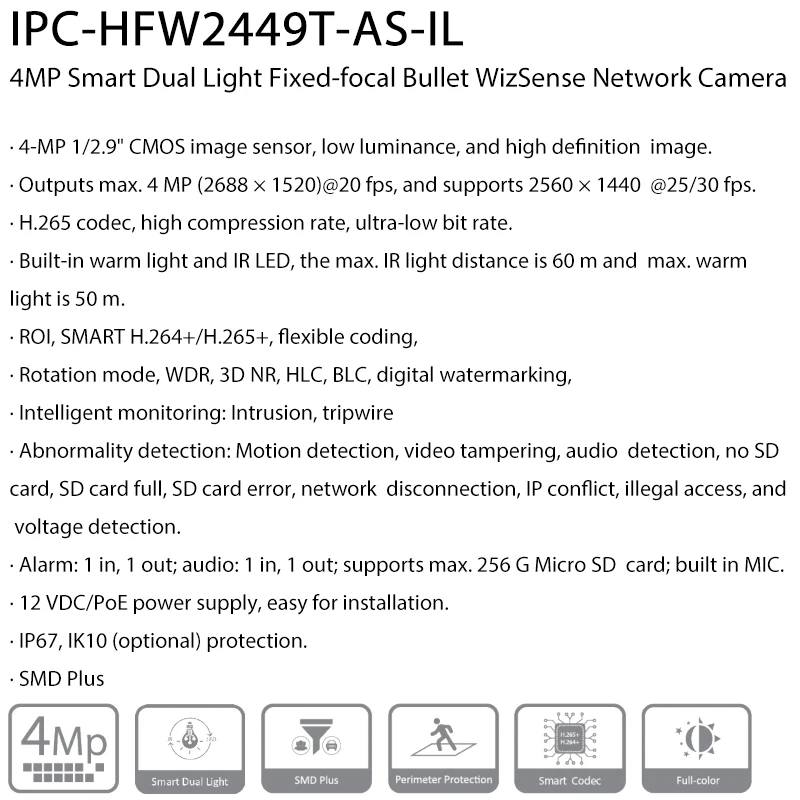 Imagem -02 - Câmera ip de Segurança Inteligente com Microfone Embutido H.265 Luz Dupla Cores ir 60m Rede Wizsense Dahua-ipc-hfw2449t-as-il