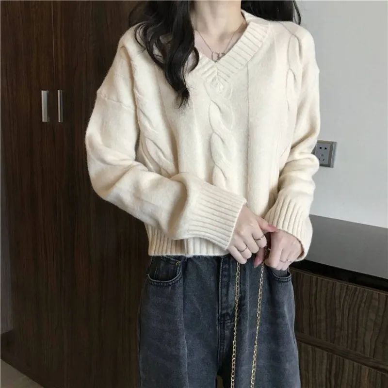 Fashion Women Sweaters 2024 Y2k Knit Top Autumn Winter Pullovers V-neck Knitwears Long Sleeve Clothes Solid Ladies Sweater New