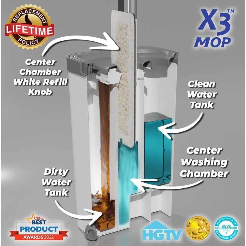 

X3 Mop, Separates Dirty and Clean Water, 3-Chamber Design, Flat Mop and Bucket Set, 3 Reusable Microfiber Mop Pads Included