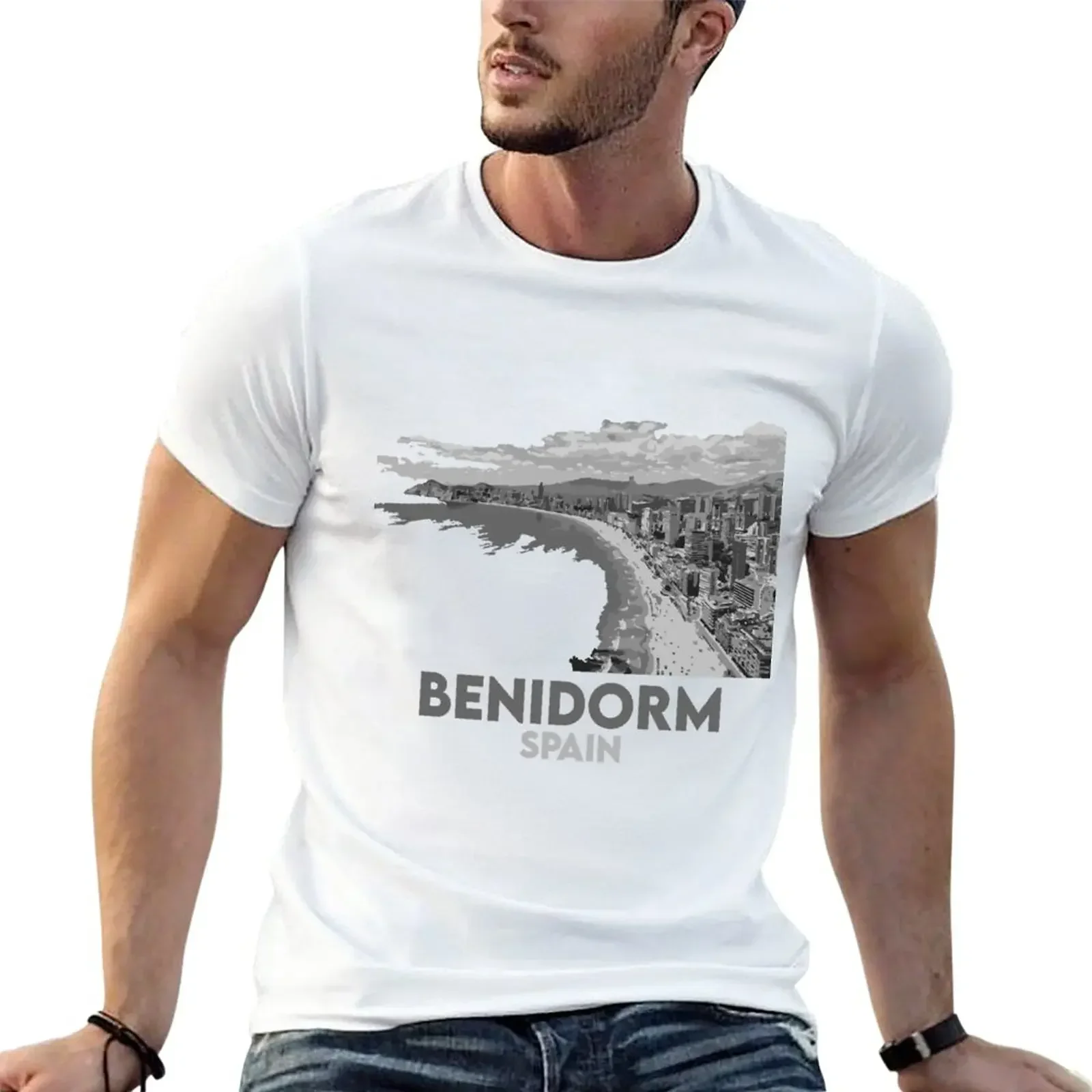 Benidorm - Beach - Spain - Black and White T-Shirt blanks kawaii clothes new edition mens graphic t-shirts big and tall