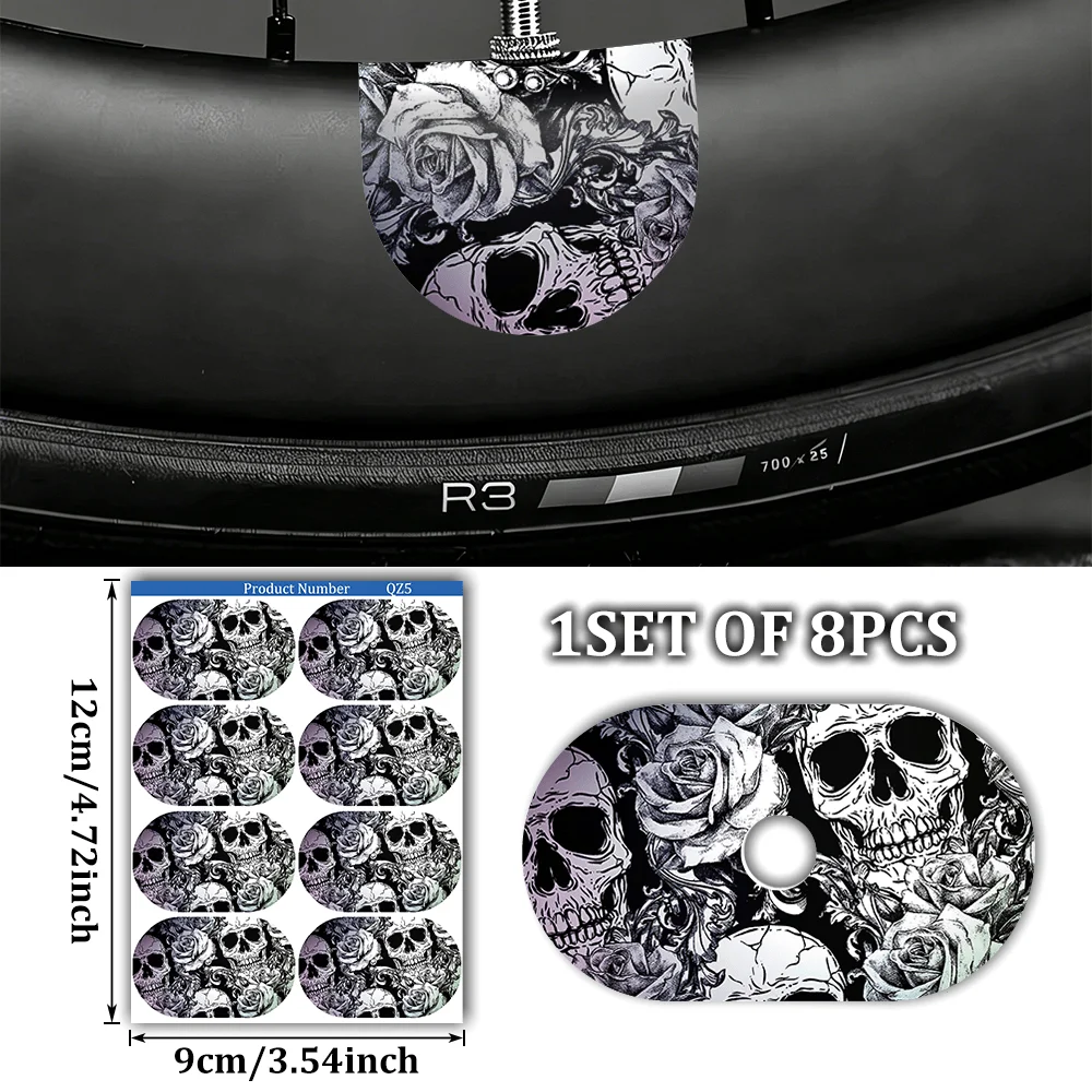 1Set Black White Skull & Rose Bike Valve Stickers, Waterproof Removable Vinyl Decals for Mountain Road Bike Wheels