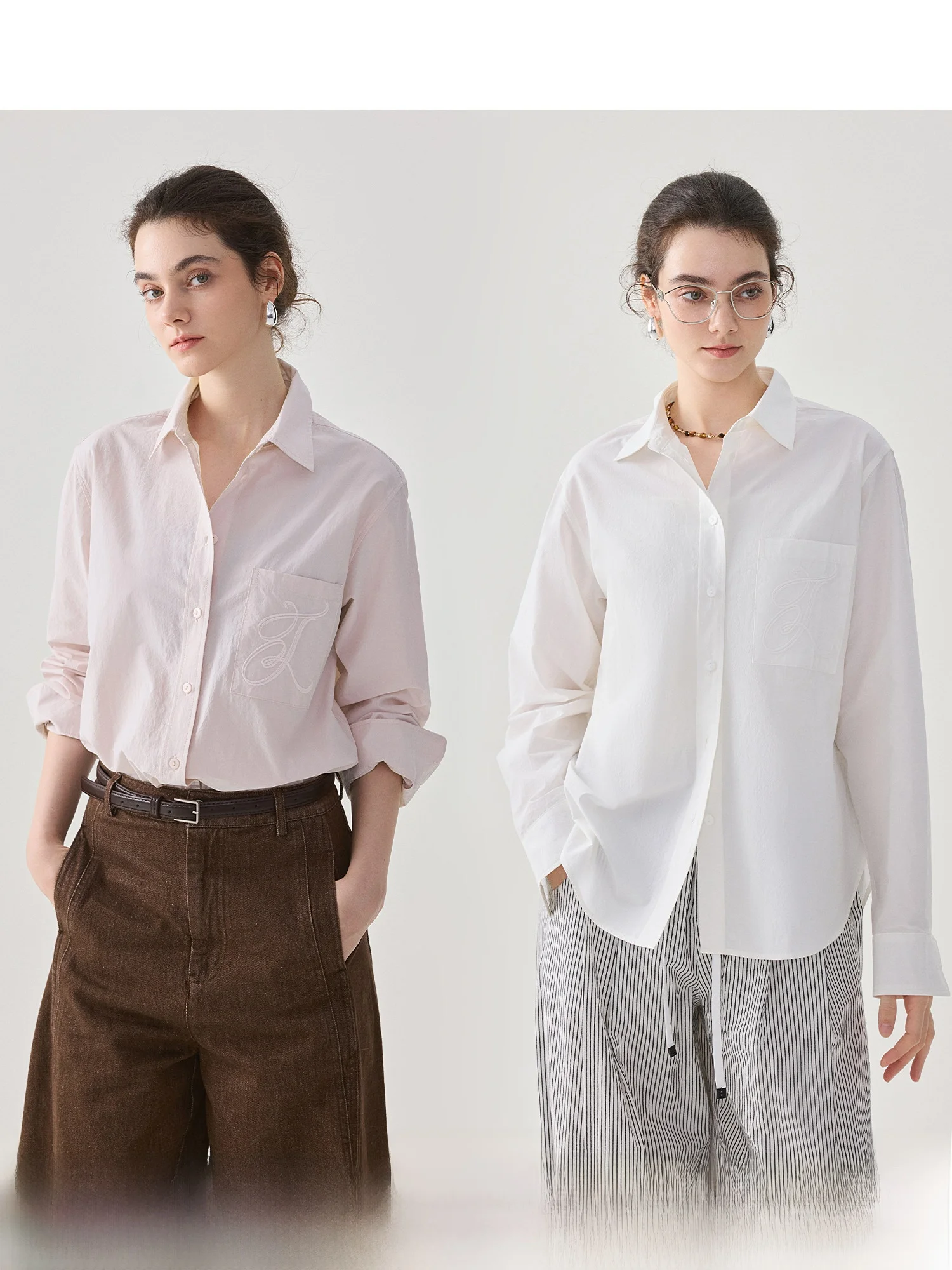 

Whale 100 Cotton Texture Straight Shoulder Drop Shirt Women's Spring New Style Embroidered Casual Loose Fit Long Sleeve Shirt