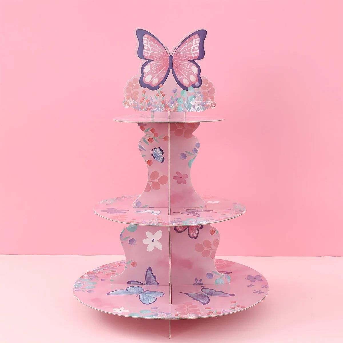 Pink Purple Butterfly 3-Tier Paper Cake Stand Butterfly Birthday Party Decor Kids Wedding Bridal Party Supplies Favor BabyShower