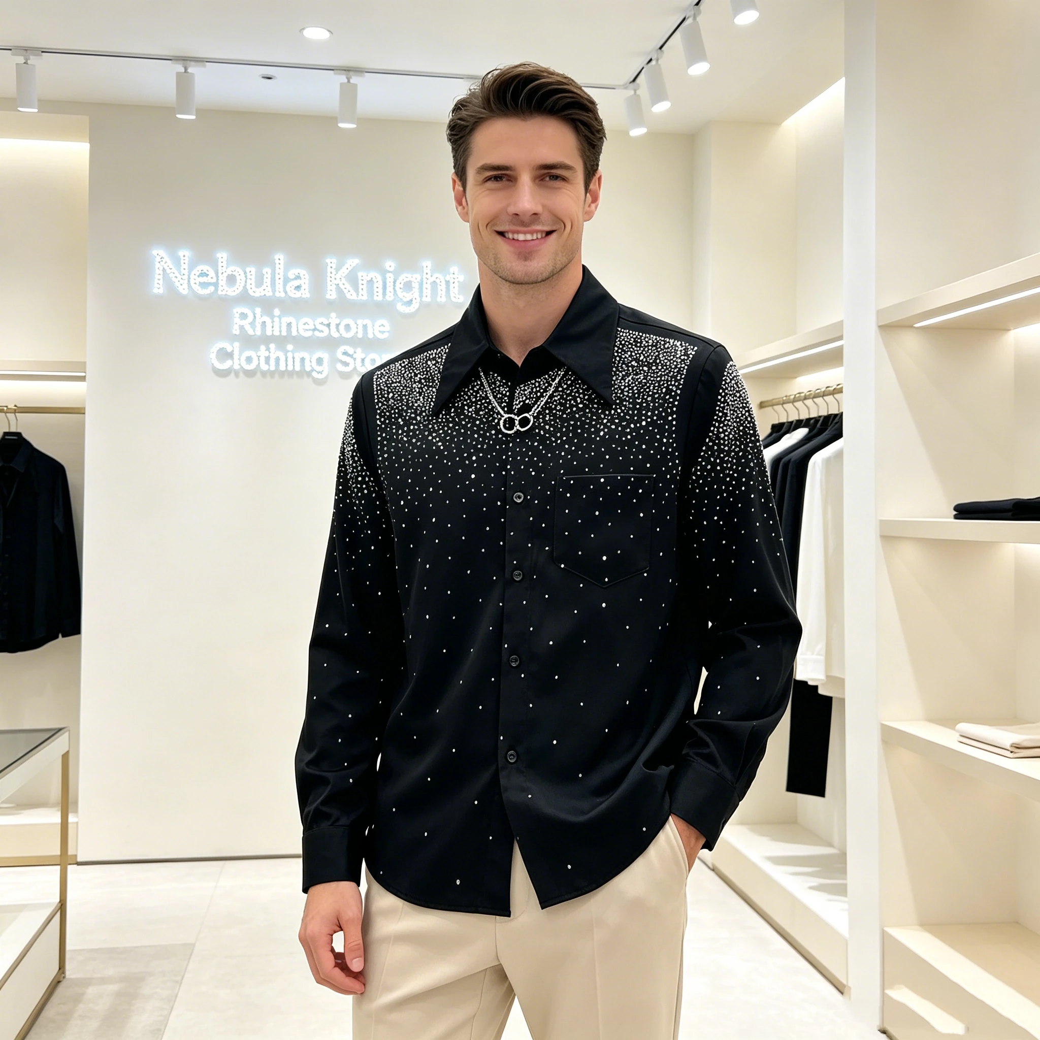 Slim Fit Men Long Sleeve Shirt Luxury Rhinestone Back Pattern Lapel Button Down Business Club Casual Street Dress Tops