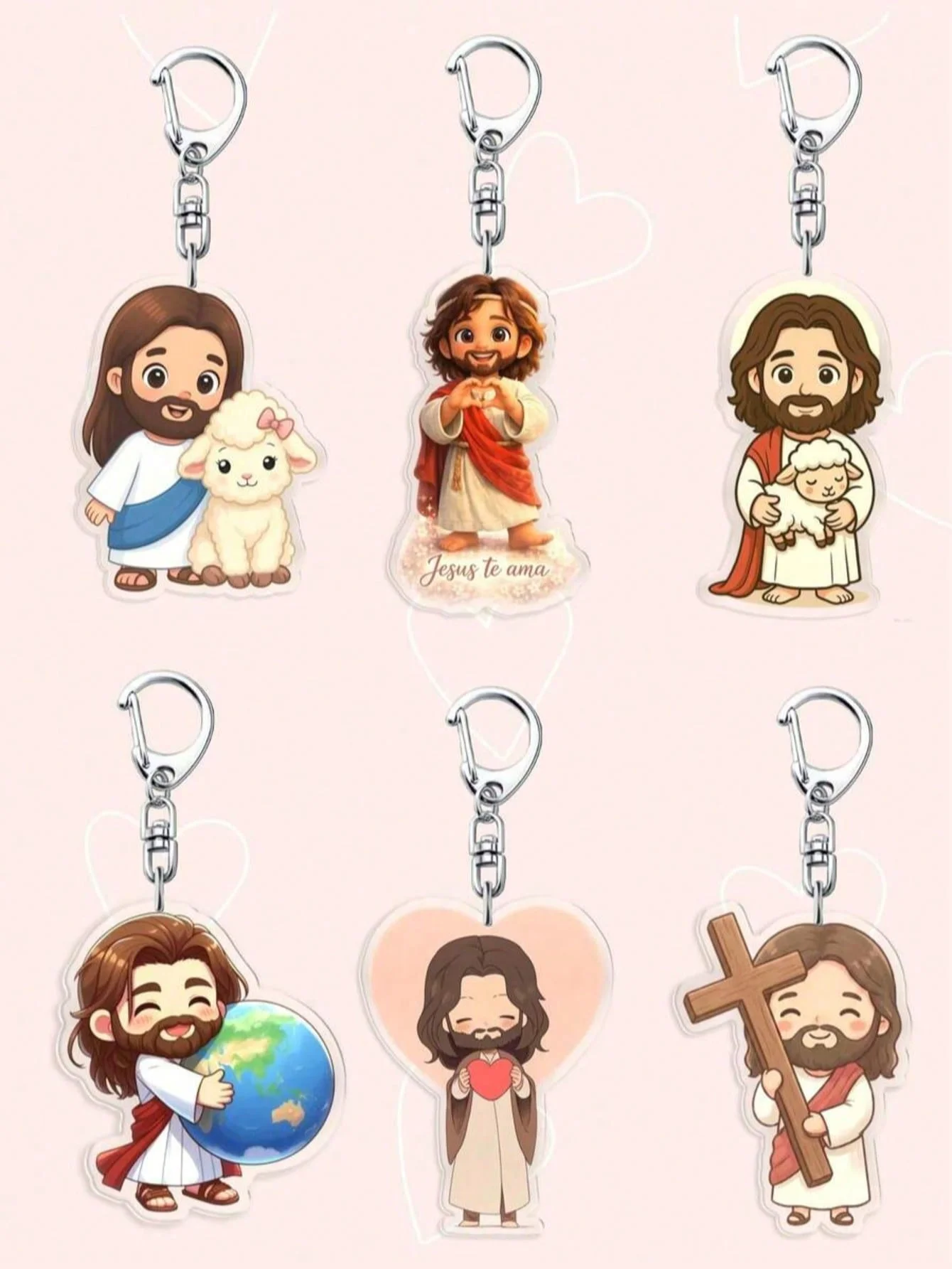 Juego de 1-6 Llaveros Acrílicos de Jesús y Cordero, Colgantes Acrílicos 2D Multifuncionales, Diseño Temático de Jesús y Cordero, con la Frase "Jesus Te Ama (Jesus Loves You)", Adecuado para Decoración de Coche y Bolsa, y un Regalo Ideal para Aniversario.