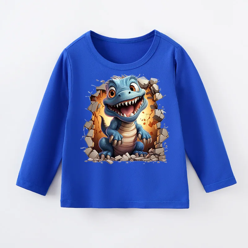 Children's Clothing Boy T-Shirt Cartoon Handsome Dinosaur Blue Top Long Sleeved Baby Clothing Autumn And Winter Sports Shirt