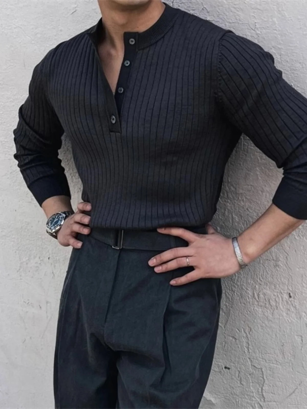 

Мужская трикотажная эластичная футболка с длинным рукавом и воротником хенли, базовый слой для делового стиля, весна-осень, новинка, из полиэфирного волокна, повседневная одежда