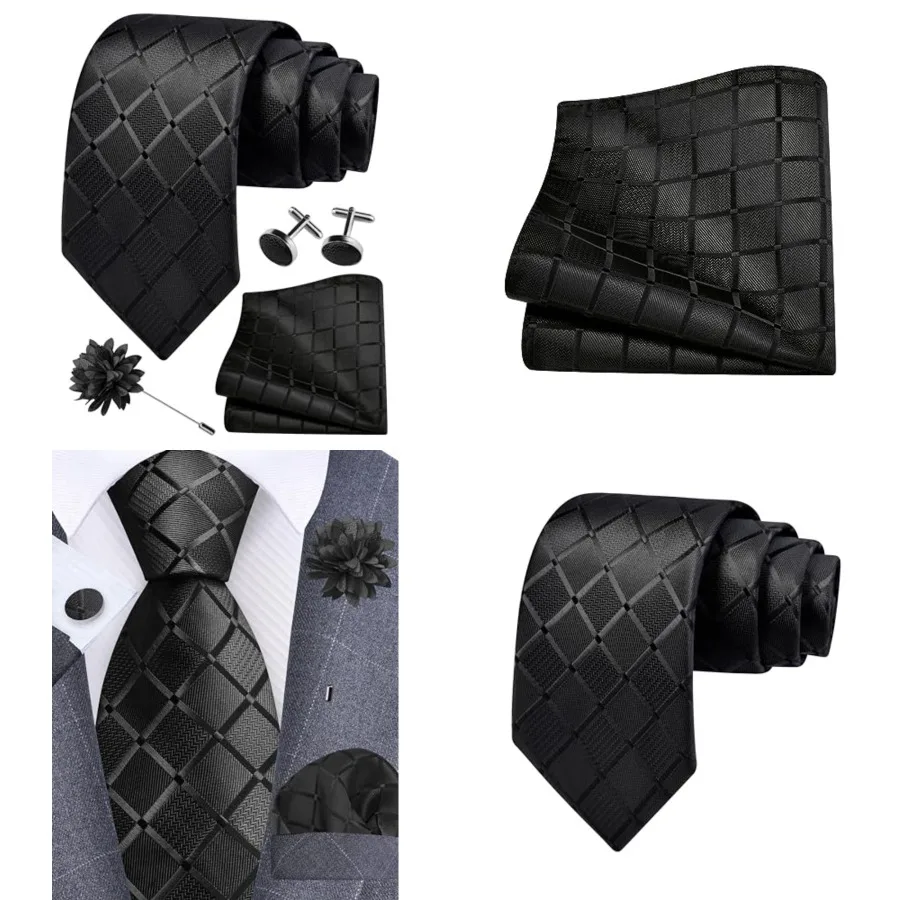 

3.15"（8cm） Mens Tie and Lapel Pin Plaid Checkered Necktie Hankerchief Cufflinks Set for Men，Black
