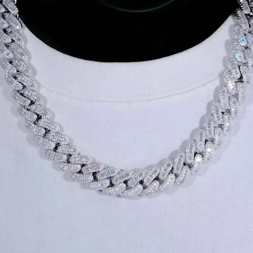 

Buss Down 925 Silver Miami Cuban Link Chain With Gra Certificate 16mm Baguette Big Iced Out Moissanite Cuban Chain