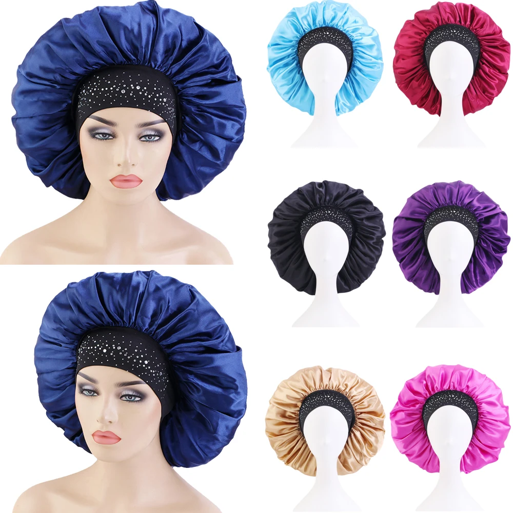 Diamonds Satin Nightcap Extra Large Wide Band Women Bonnet Hat Turban African Hijab Headscarf Hair Care Sleeping Night Sleep Cap