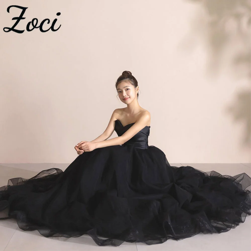 Zoci Vintage V คอเกาหลีชุดแต่งงานที่ไม่มีสายหนังซาติน Tulle เงาชุดราตรีที่กําหนดเองชุดเจ้าสาวถ่ายภาพ