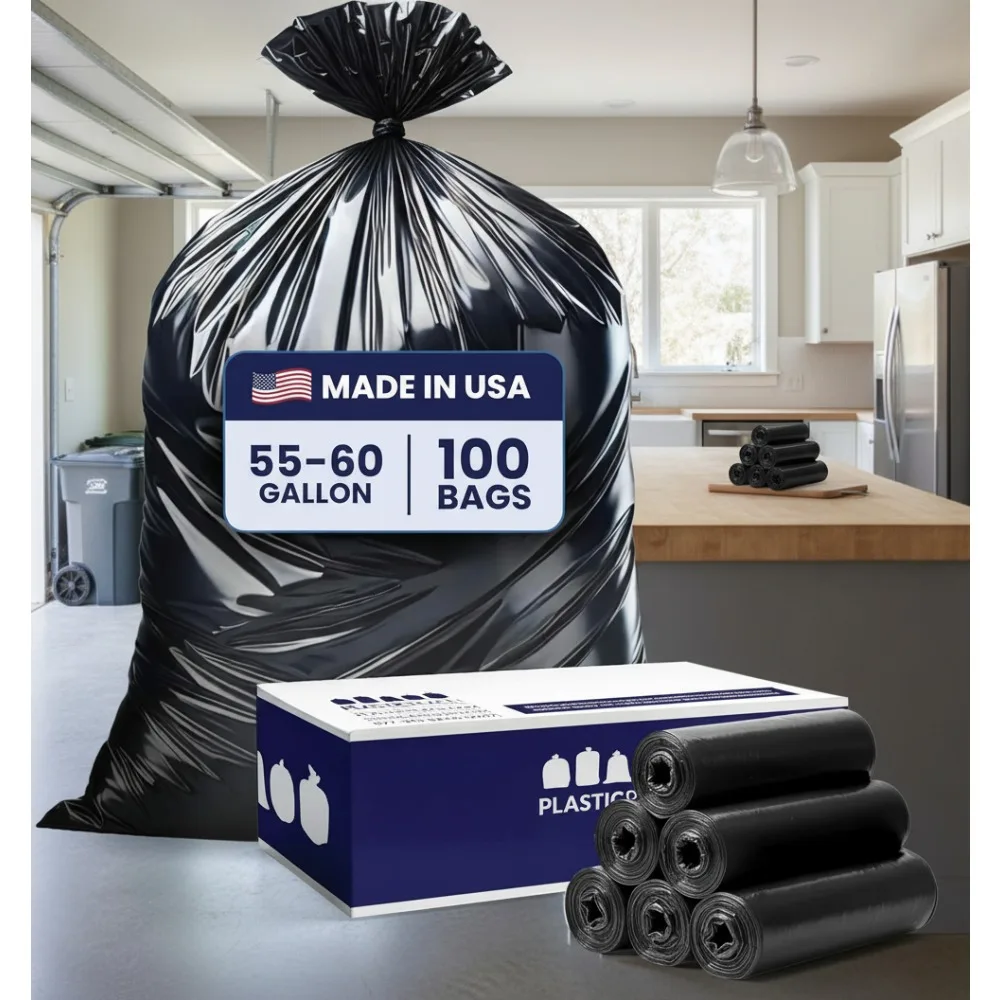 

Heavy Duty 55-60 Gallon Trash Bags, 1.0 Mil Black Garbage Can Liners, 38x58 Inches, 100 Count