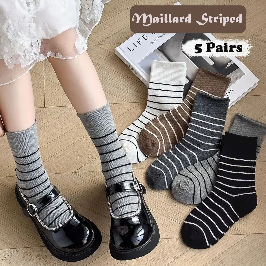 

Autumn Winter Socks Girls Maillard Style Striped Socks Mid Calf Cotton Socks Children's Socks 5 Pairs/bag