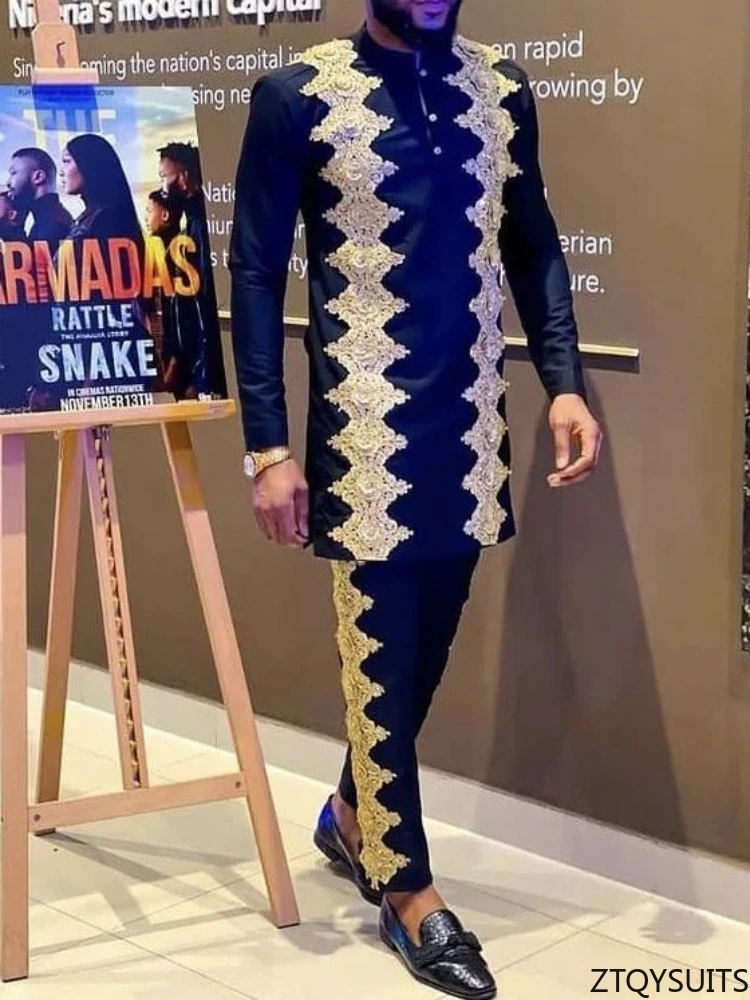 New Dashiki Men's Suit, Brown Round Neck Long Sleeve, Luxury Brand Men's Suit, Casual Slim Fit, Men's Suit, Wedding Evening Suit