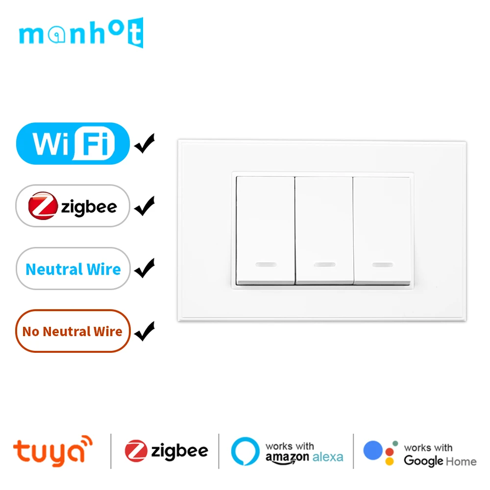 Smart Life WiFi/Zigbee Light Switch No Neutral Wire &Neutral Wire US Push Button Physical Wall Switch for Alexa Google Home Tuya