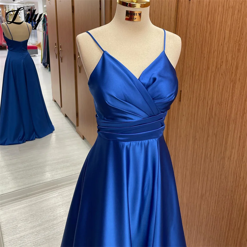 Lily Royal Blue Evening Dress Sexy Spaghetti Straps Prom Dress Sweetheart A-Line Satin Party Dress With Pleats Robe De Soirée