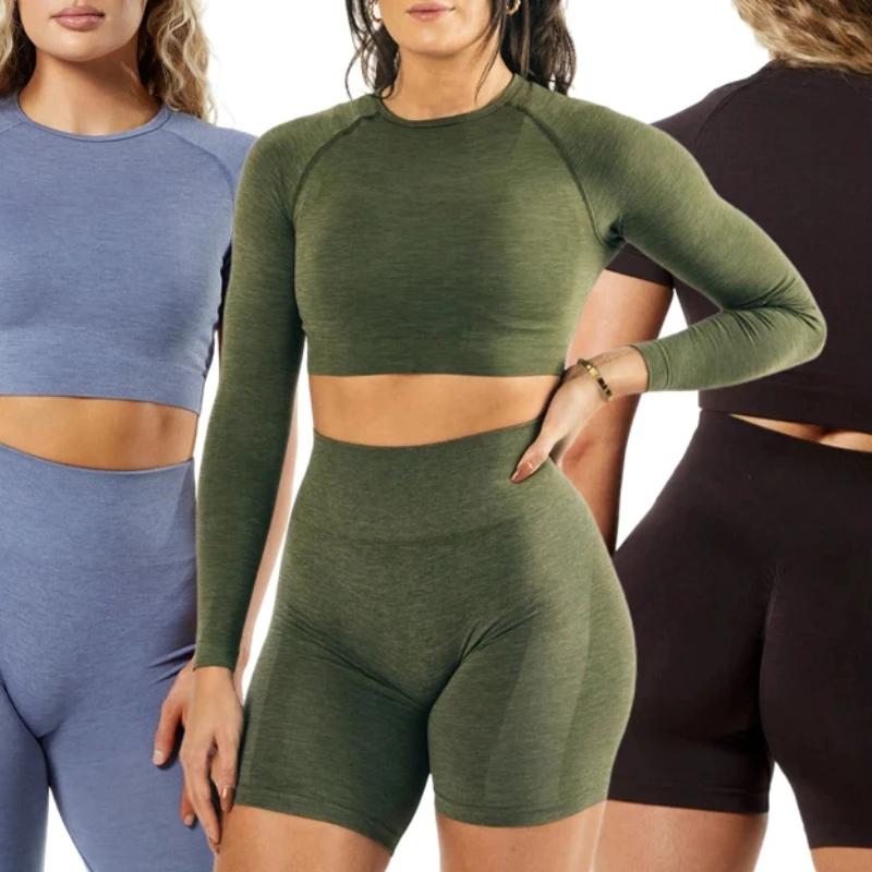 Conjuntos de Yoga sin costuras amplificables para mujer, conjunto de entrenamiento para gimnasio, mallas para glúteos, conjunto de Top corto, ropa de gimnasio, traje deportivo de Fitness, 3 uds.