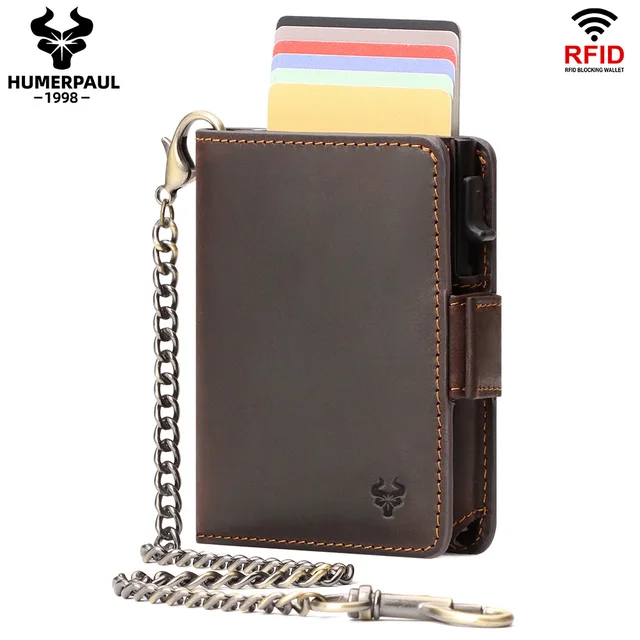 Skóra Crazy Horse etui na karty karta blokująca RFID Smart Pop-up etui na karty moda męski portfel z długim łańcuszkiem antykradzieżowym