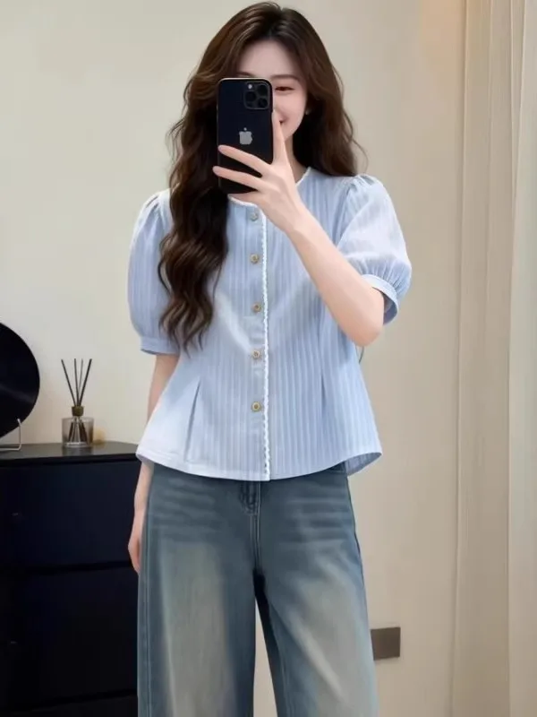 

Korean Style Splice Blue Stripes Short Sleeve Women's Shirt Summer plus Size Flattering Slimming Versatile Top Trendy