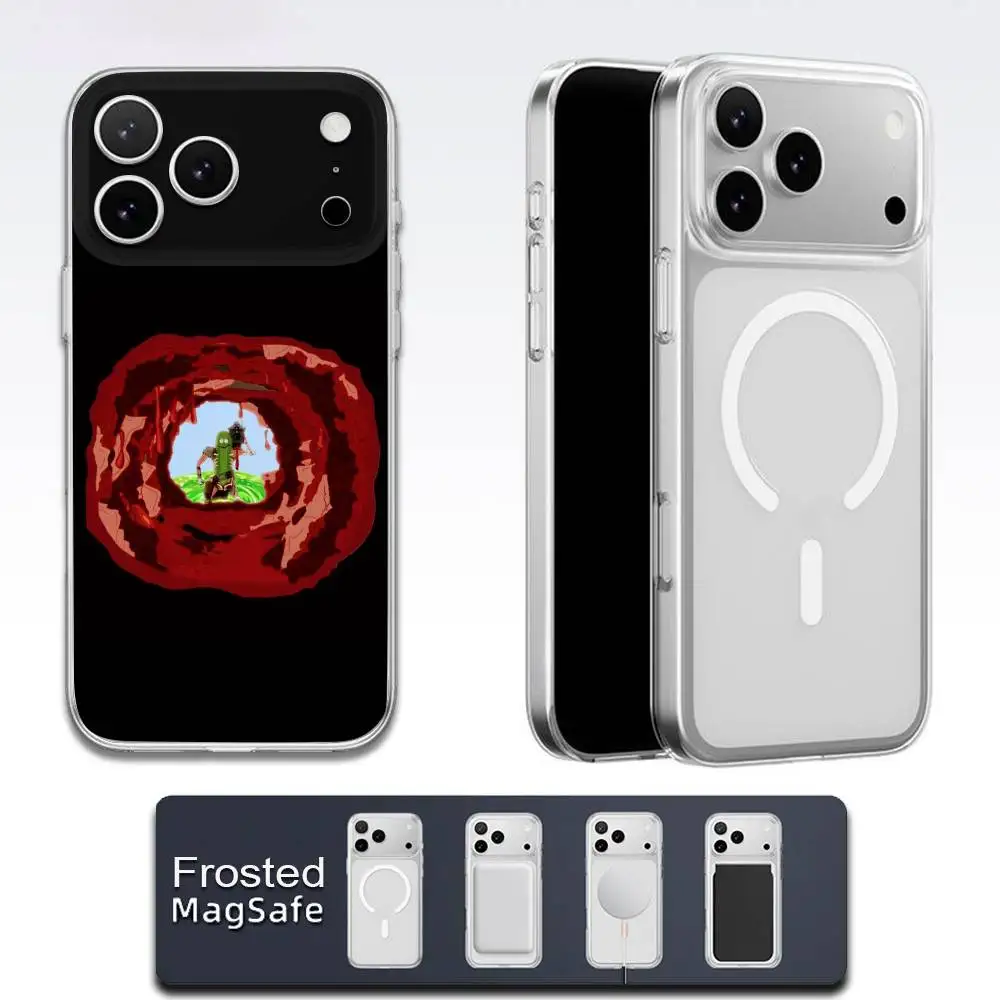 Custodia per telefono R-RickS Cucumber P-Pickles per iPhone 17,16,15,14,13,12,11,Pro,Max,Plus,E,Air,Mini Magsafe satinato trasparente