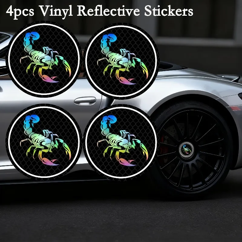 

4Pcs Dreamy Animal Holographic Wheel Stickers, Skull Cat Wolf Scorpion Turtle Universal Reflective Decals for Auto Decoration