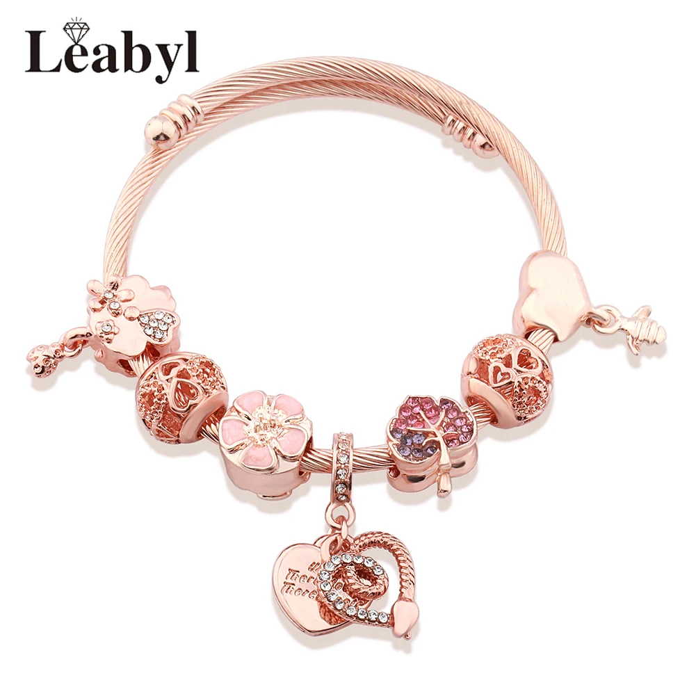 316L Stainless Steel 2-Piece Heart Pendant Cuff Bangle New Arrivals Flower Leaf Bee Charm Bracelets Resizable Jewelry for Women