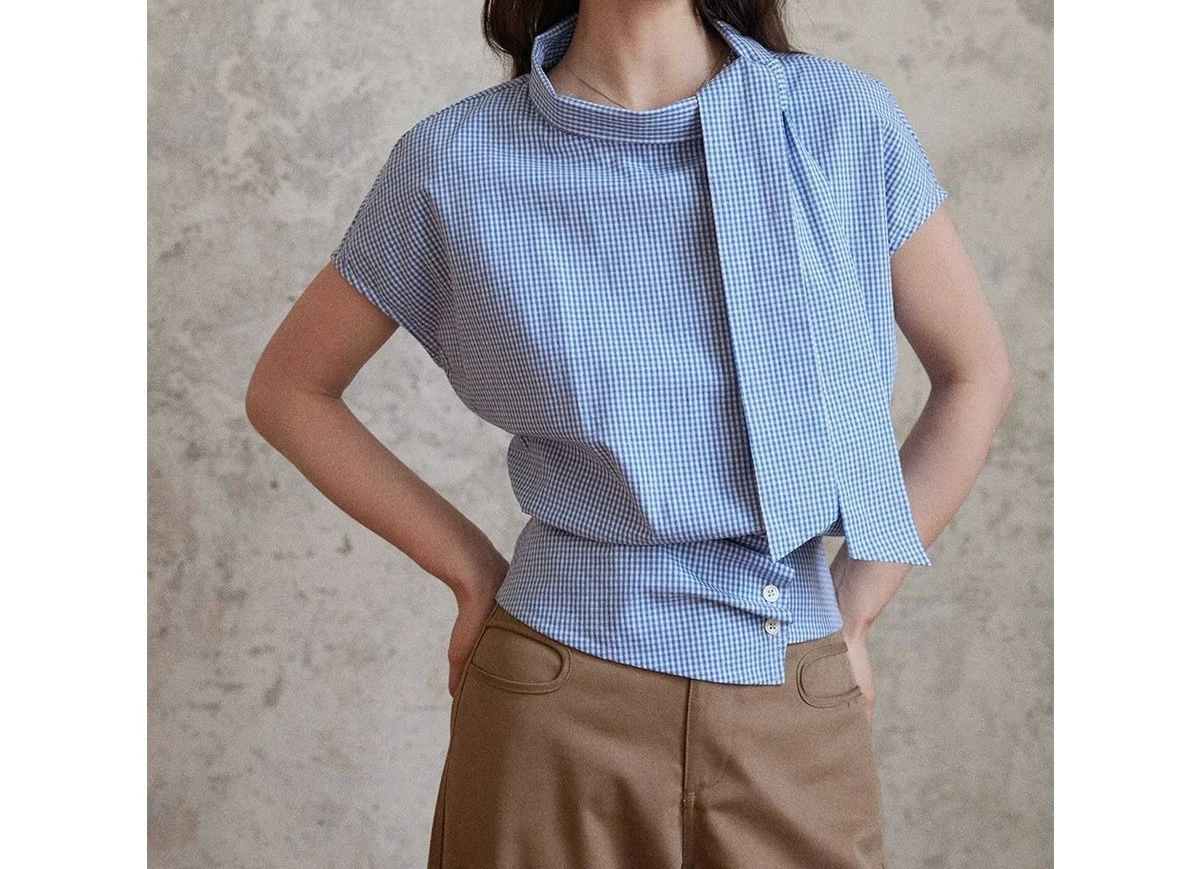 

2026 Ribbon Blue Checkered Top Women's Summer New Style Niche Irregular Short Sleeved Shirt