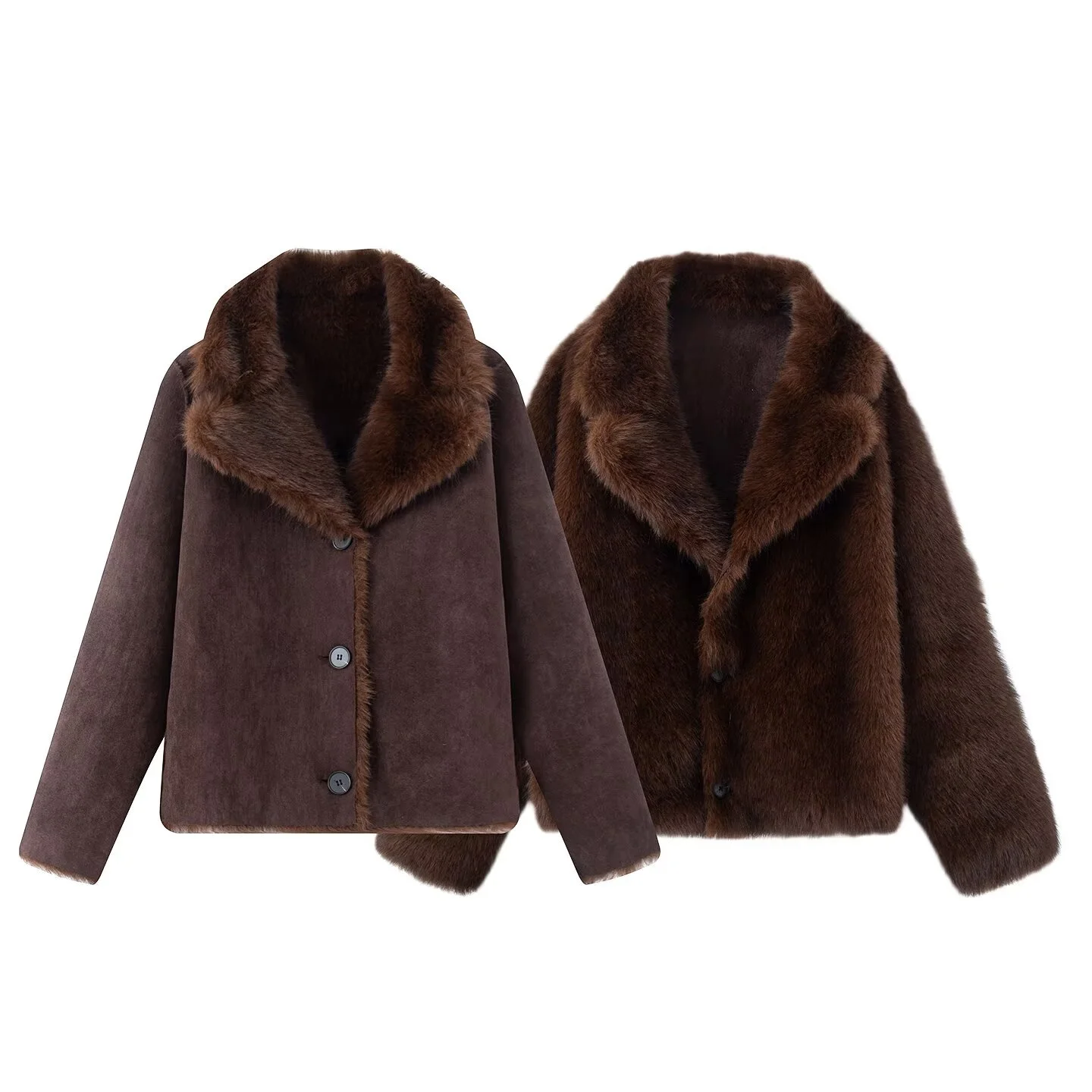 

2025 Winter New Women's Casual Fashion Simple Elegant Solid Color Lapel Long Sleeve Faux Fur Effect Coat