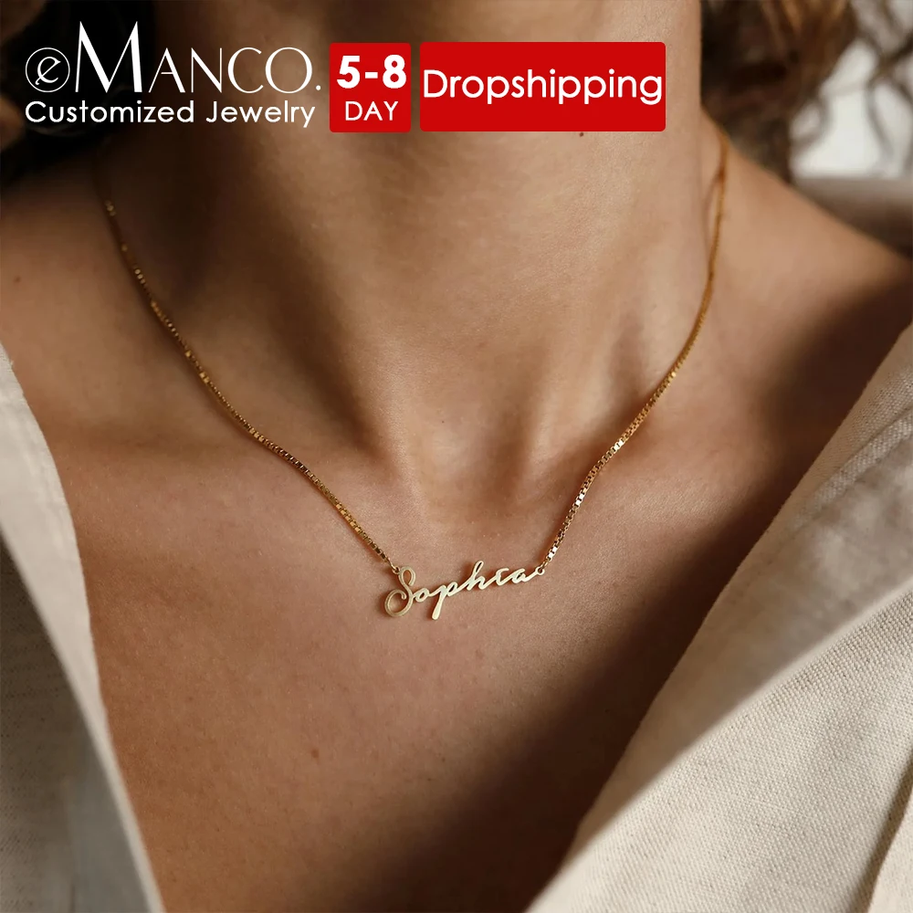 eManco Customized Fashion Stainless Steel Name Necklace Personalized Letter Gold Color Choker Necklace Pendant Nameplate Gift