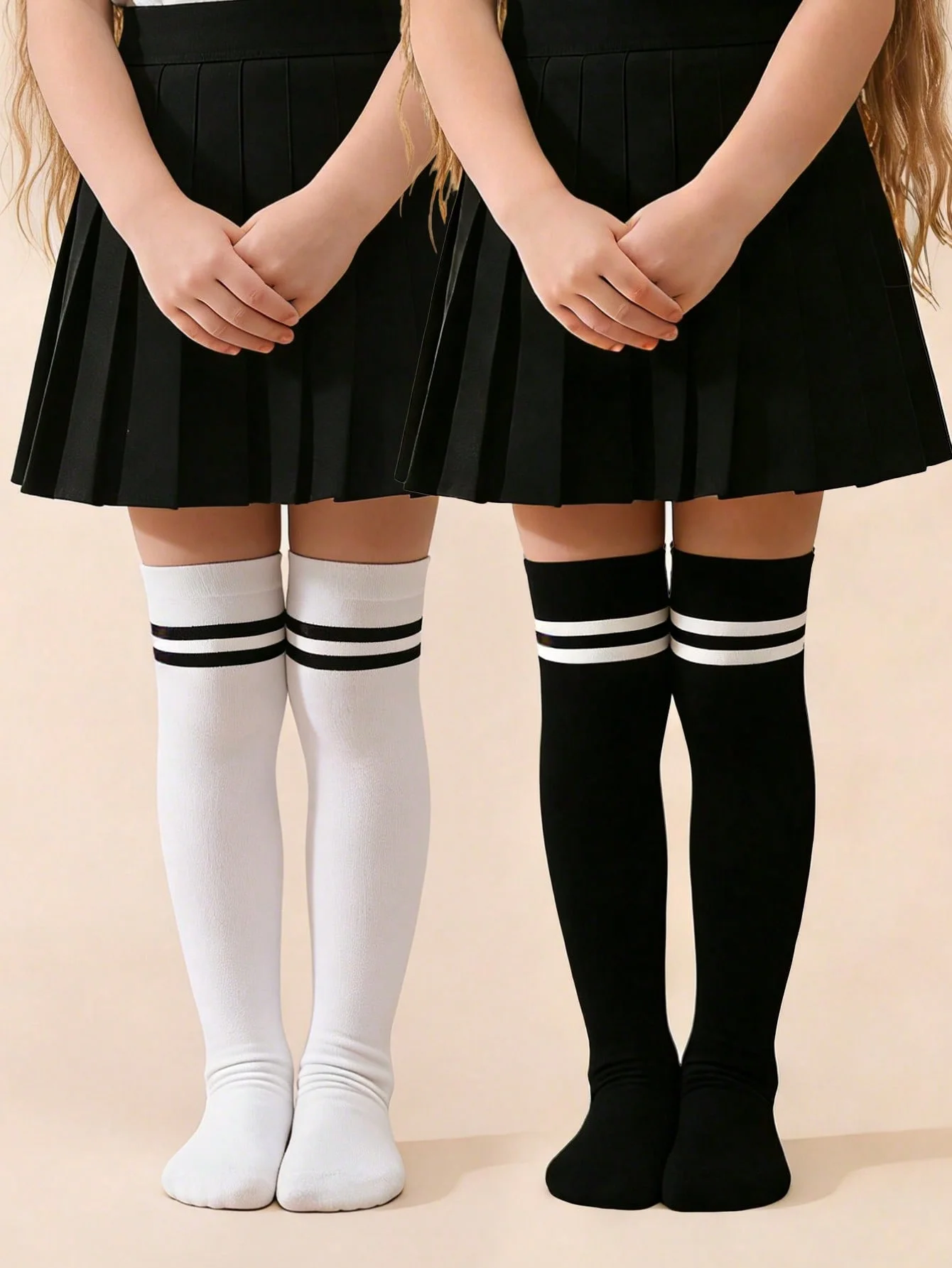 1/2/4 Pairs of Girls' Black and White School-Style Knee-Length Stockings to Pair with Lolita Outfit and School Uniforms