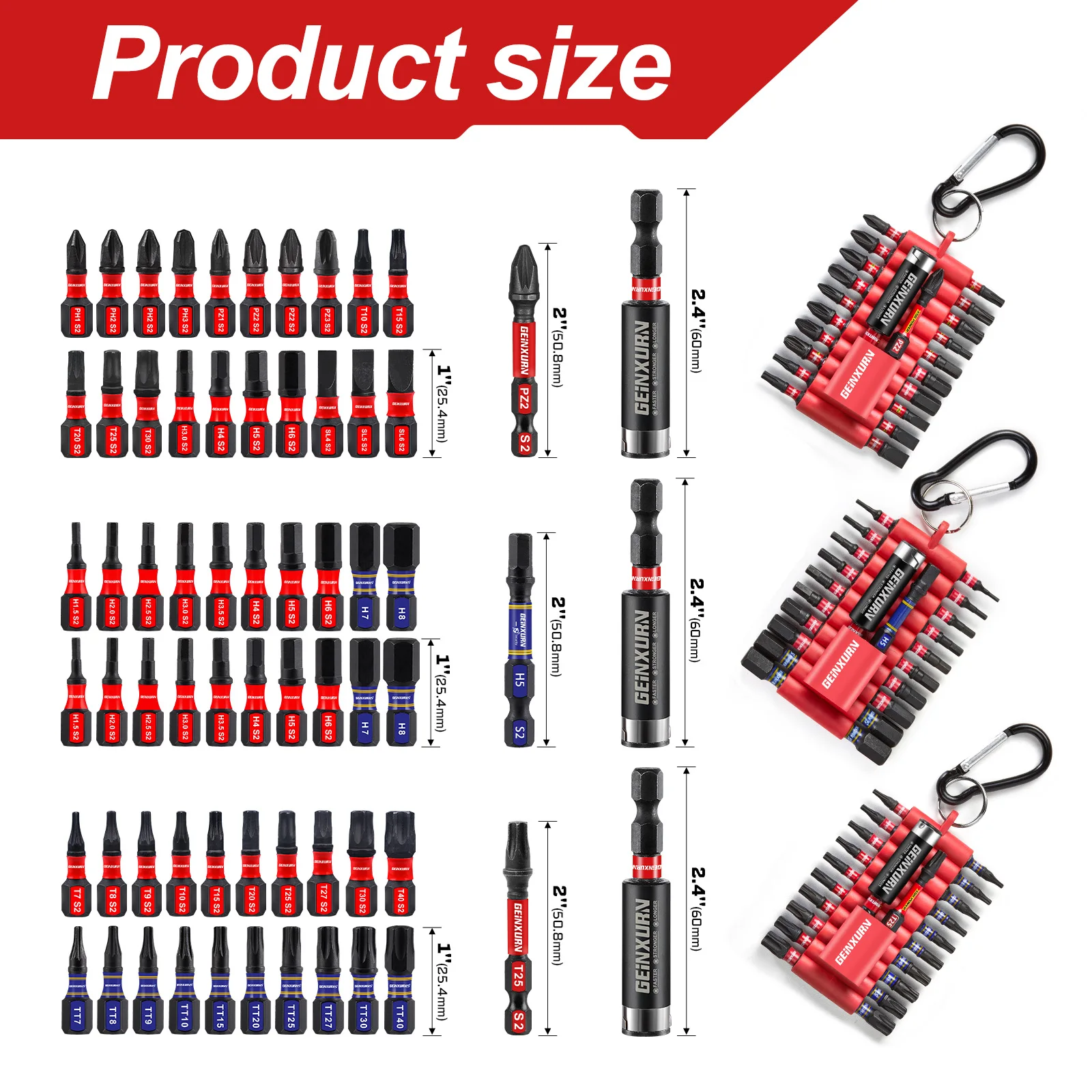 Geinxurn Mixed 66 STUKS 1”/2” Magnetische S2 Staal Multi Cross Driver Bits, 3 Stuks Bithouder met Organizer Sleeve