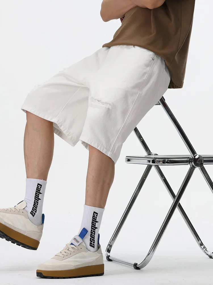 

Men Loose Straight Leg White Denim Shorts Summer New American Streetwear Vintage Five Pants Casual Hip Hop Half Ripped Trousers