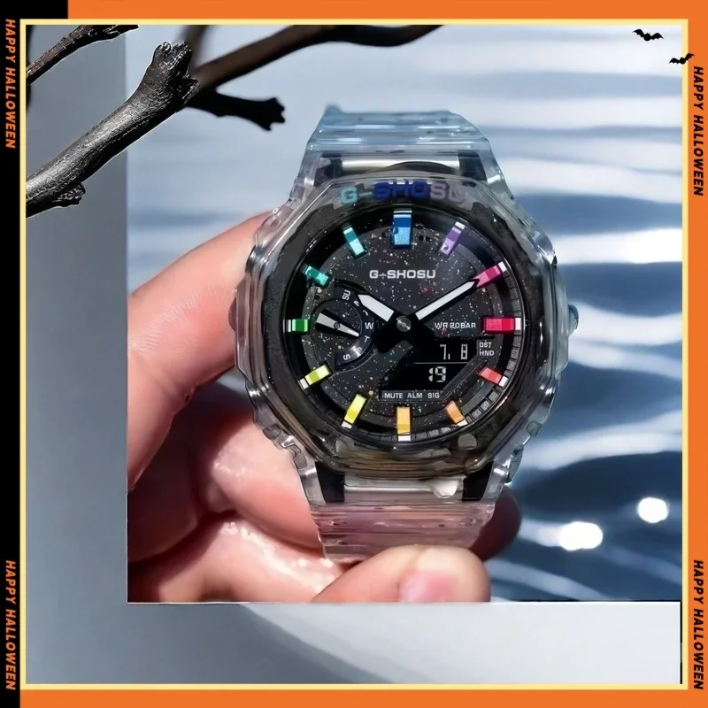 Orologio sportivo elettronico da uomo, ora mondiale, funzione completa, doppio display, sollevamento automatico, fumetti in quercia leggera