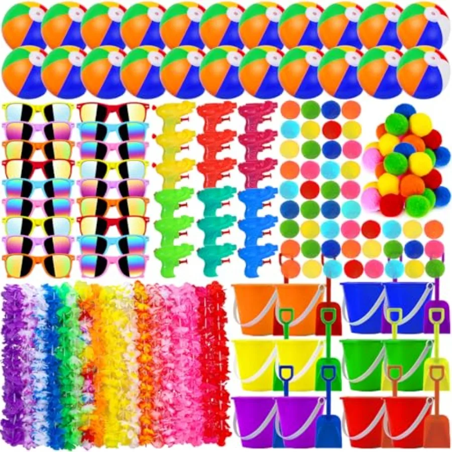 

Beach party favors for kids: inflatable balls sand toys neon sunglasses water guns water balls Hawaiian leisbulk set in vibrant