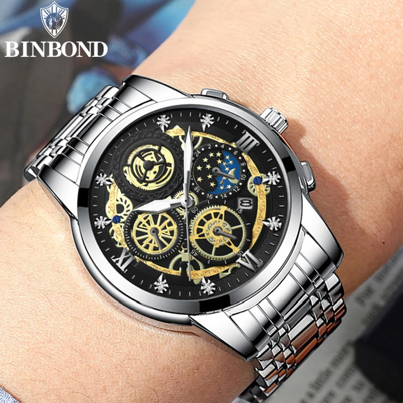 BINBOND B4010 Fashion Casual Quartz Men Watch Stainless Steel Strap Luxury Dial Luminous 30M Waterproof Business Men Wristwatch