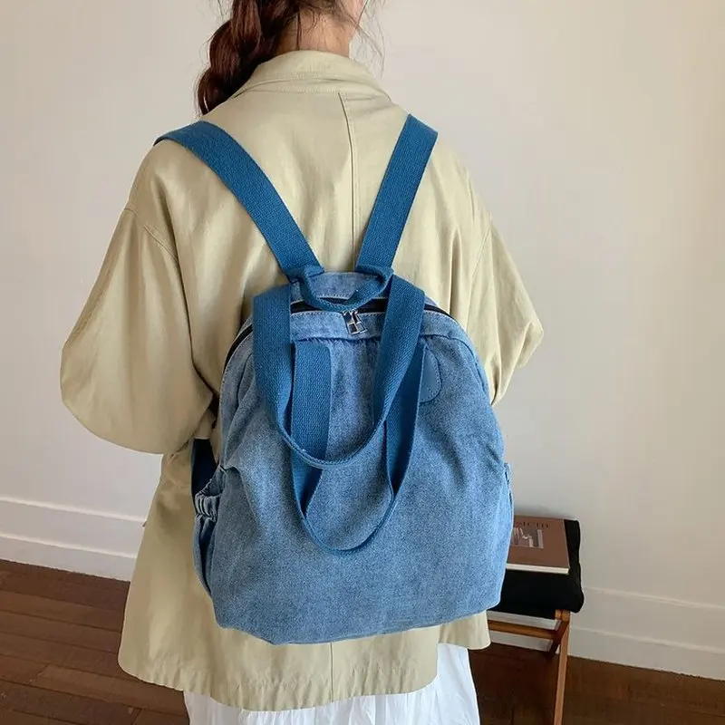 Washed Denim Tote Bag For Women Ladies Casual Shoulder Handbag Large Travel Shopper Purse With Black Handle Side Pocket