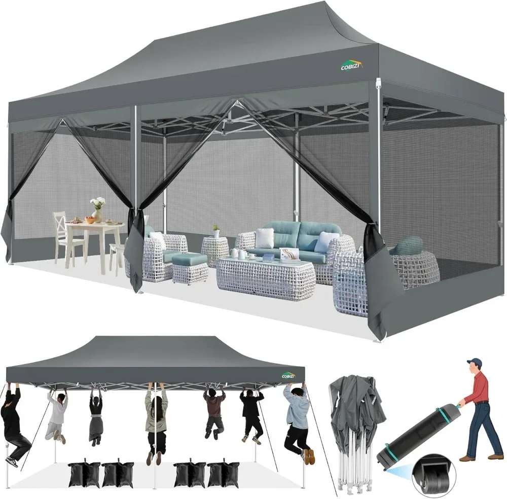 10x20 Heavy Duty Pop up Canopy Tent with Sidewalls, Easy Set up Outdoor Canopy with Mosquito Net Pop up Screen Tent for Parties,