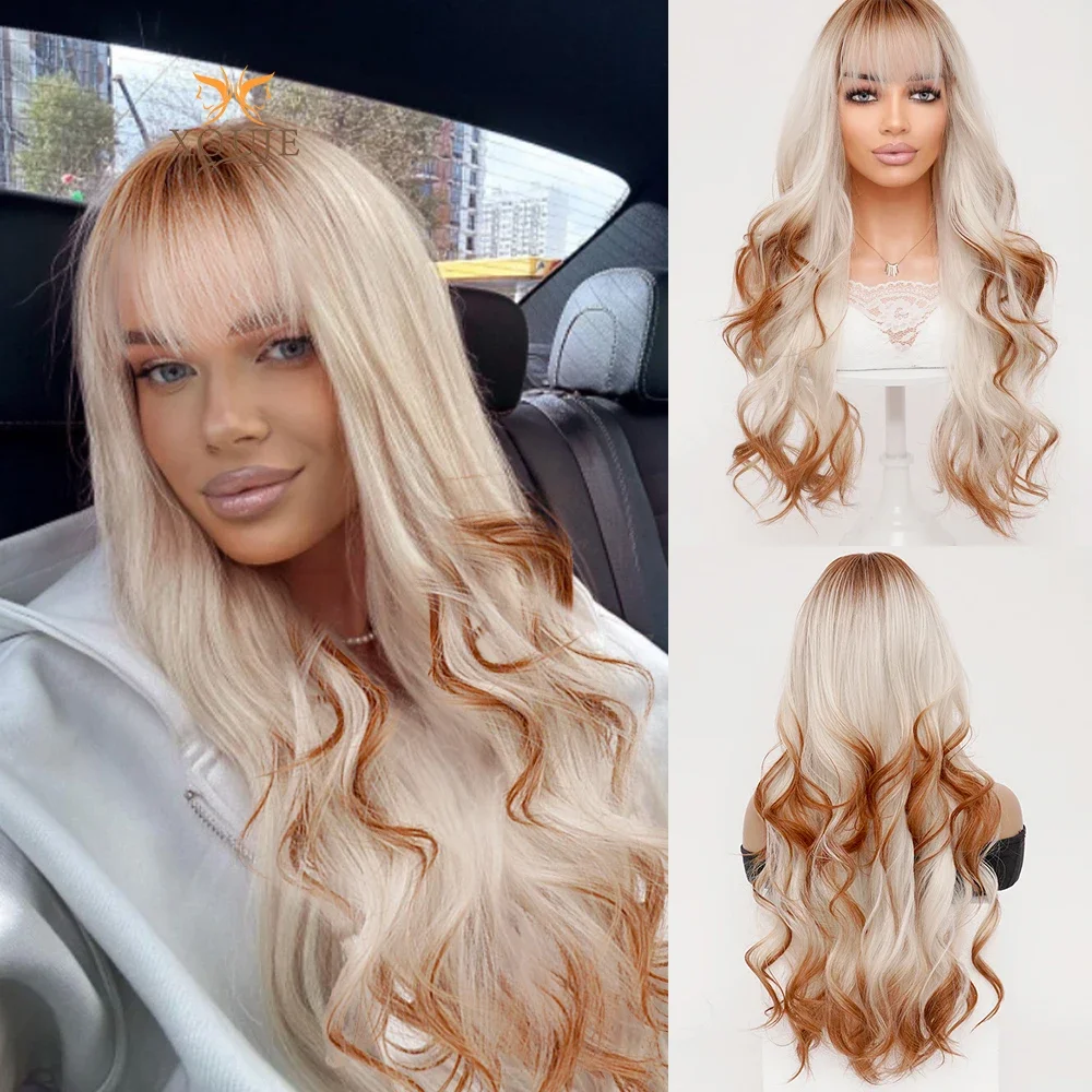 

Copper Water Wave with Bangs Ombre Color 28 Inch Heat Resistant Fiber Long Wave Deep Wave Synthetic Wig