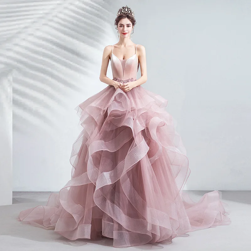 

LZPOVE Pink Prom Dresses Luxury Ball Gown Tulle Puffy Layered Ruffles Graduation Gowns Spaghetti Strap Beads Evening Party
