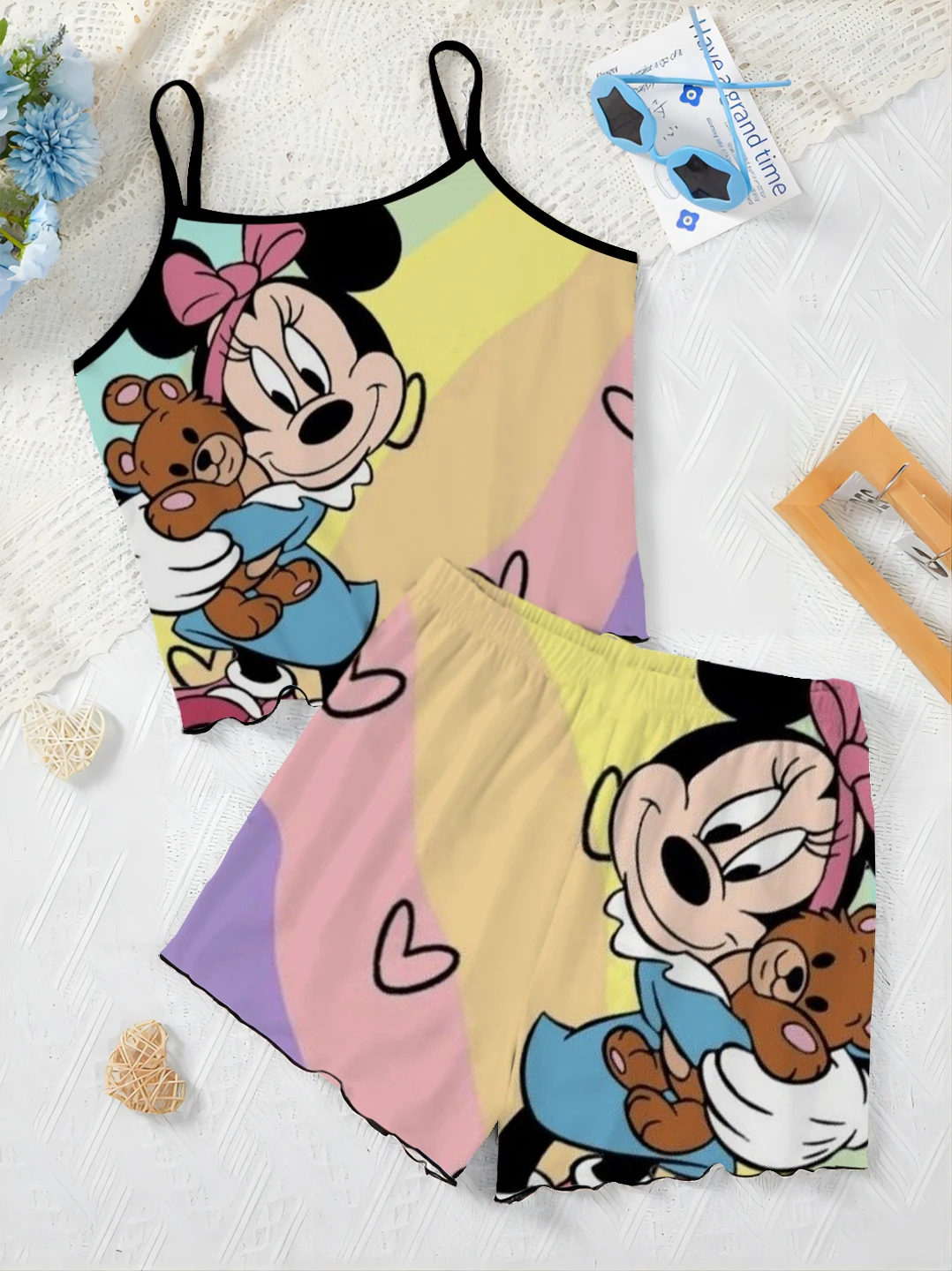 Ensemble court pour femme, robe de maison trempée, T-shirt Minnie Mouse, haut Disney, jupe pyjama, garniture en laitue, élégant,