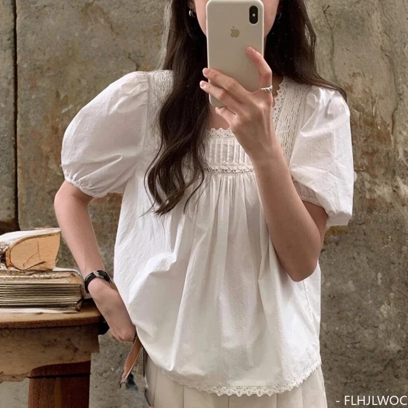 Chic Korea Cotton Blends Tops Blusas Women Summer FLHJLWOC Design Japanese Style Square Neck Hollow Out Lace Solid White Shirts