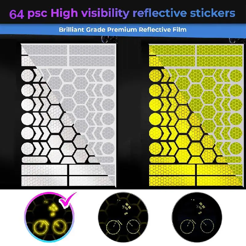 

64pcs Reflective Stickers Kit Nighttime Safety Waterproof Self-Adhesive Decals for Helmets, Bike, Scooter, E-Bike, Motorcycle