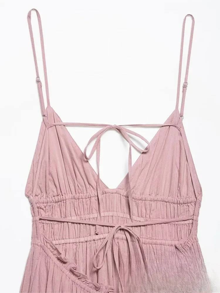 KONDALA-vestido Sexy de color rosa liso para mujer, vestido largo drapeado sin mangas, moda 2025, vestido de playa sin espalda para vacaciones de primavera y verano