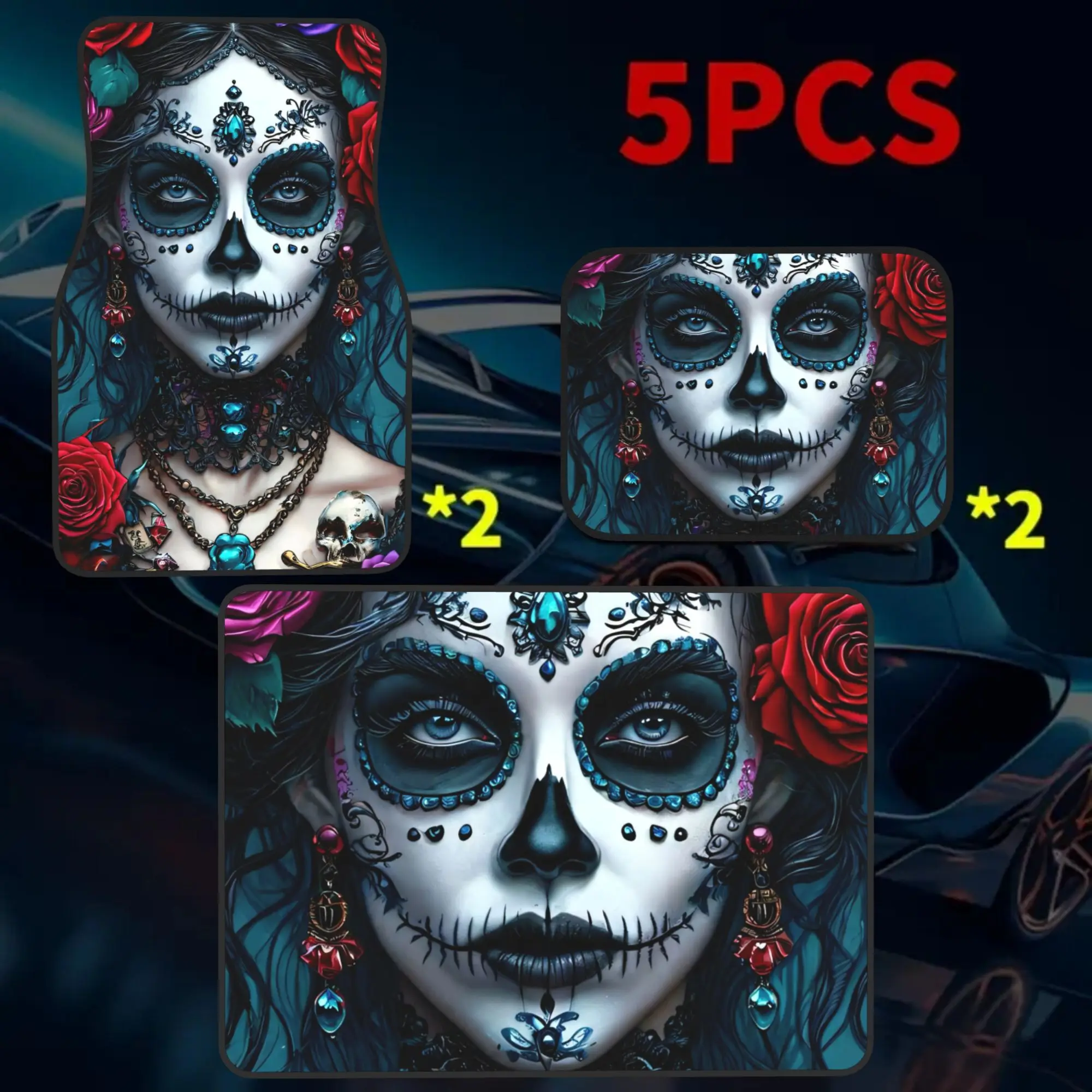2D Flat 5pcs Day Of The Dead Theme Car Floor Mats & Trunk Mat Set, 4 Floor Mats + 1 Trunk Liner, Enhance Vehicle Comfort, Hallow