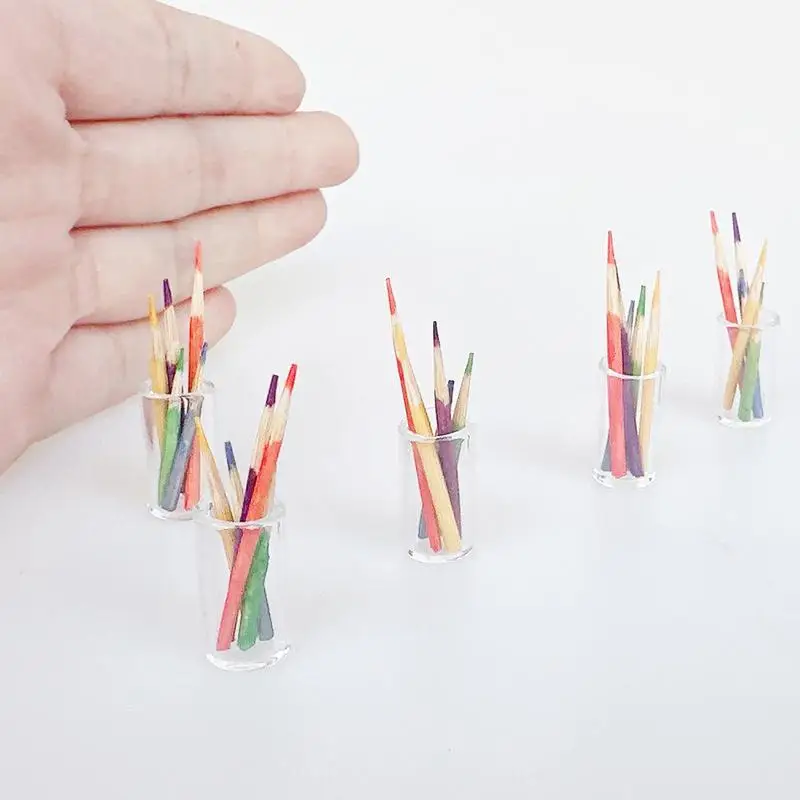 6Pcs 1:12 Doll House Learning Scene Accessories  Dollhouse Miniature Small Pen Cup Holder With Color Pencil