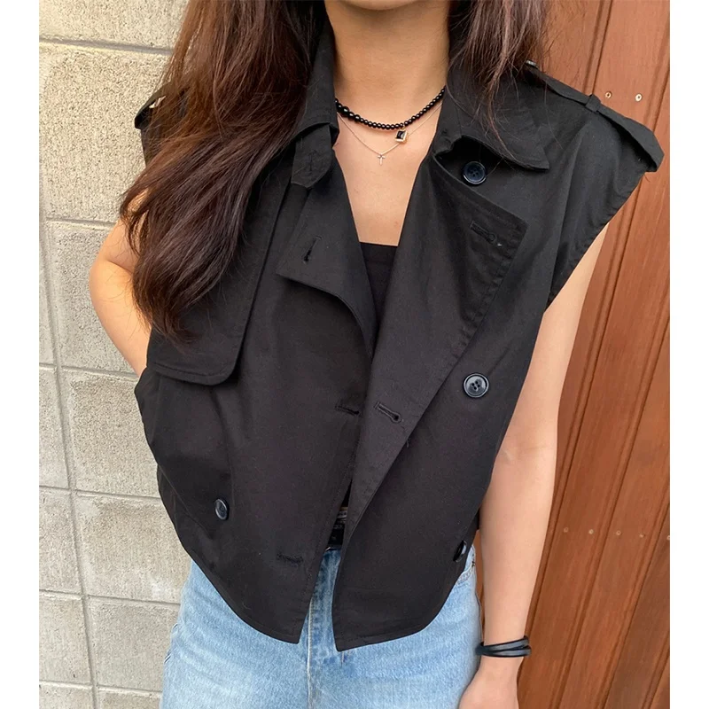 

Chic Summer Vintage Pure Color Button Design Loose ort Sle Women's Vest Coat Casual Versatile Single Button Fastening