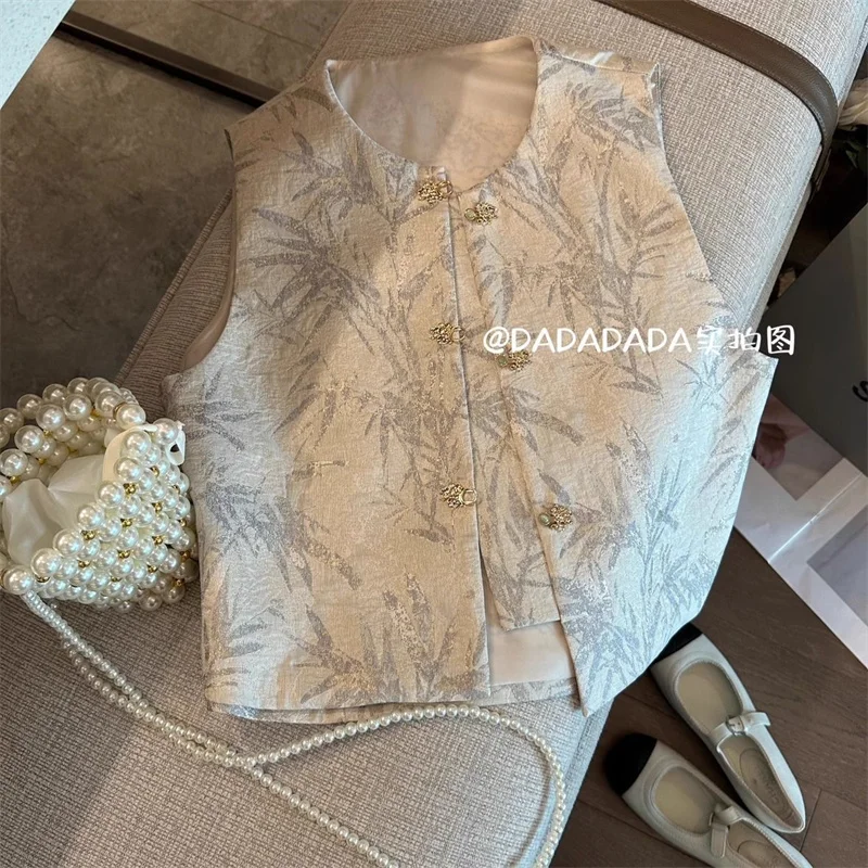 

Women's Vest Early Spring new Fashion new Chinese Jacquard Vest National Wind Round Neck Beautiful Vest Jacket Thin Coat Woman