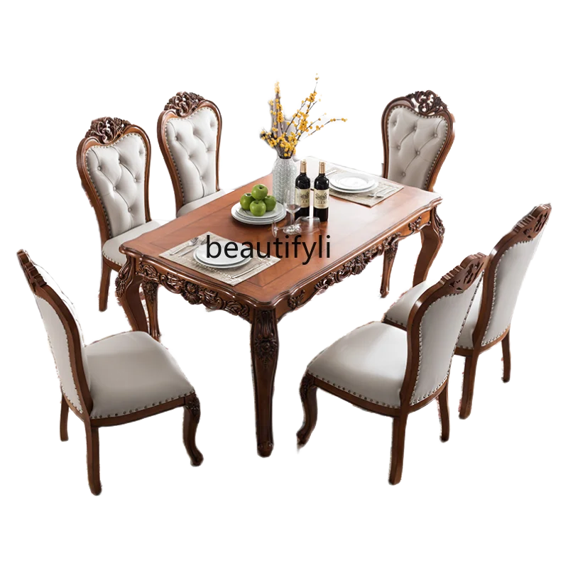 

American style dining table and chairs solid wood rectangular dining table small size home restaurant dining table